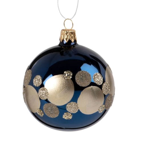 Boule De Noël En Verre Teinté Bleu Motifs à Pastilles Dorées