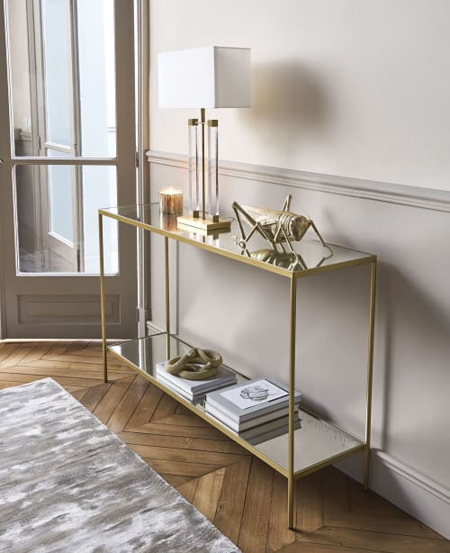 Brass Metal Console Table With Mirrored, Glass And Antique Brass Console Table