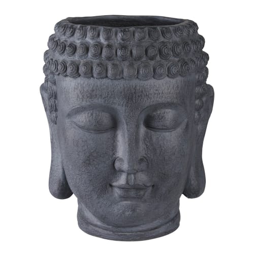 Buddha-Übertopf aus anthraztigrauem Zement, H52cm