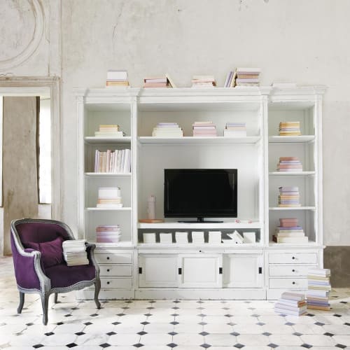 Möbel TV-Möbel | Bücherregal/TV-Lowboard aus recycling-Kiefernholz massiv, elfenbein - SP50148