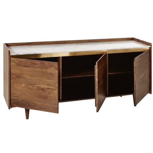 Buffet 3 Portes En Acacia Massif Et Marbre Blanc Cappuccino Maisons Du Monde