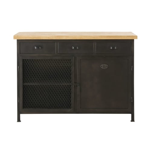 Möbel Sideboards | Buffet mit 4 Türen und 3 Schubladen aus grauem Metall und massivem Mangoholz - ON58556