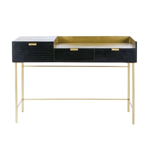 Bureau 3 Tiroirs En Acacia Massif Noir Et Metal Dore Jagger Maisons Du Monde