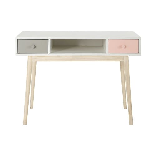 Meubles Bureaux et meubles secrétaires | Bureau vintage blanc 2 tiroirs gris et rose - IM04454