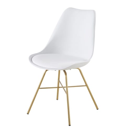 Cadeira branca com pernas de metal cromado e dourado