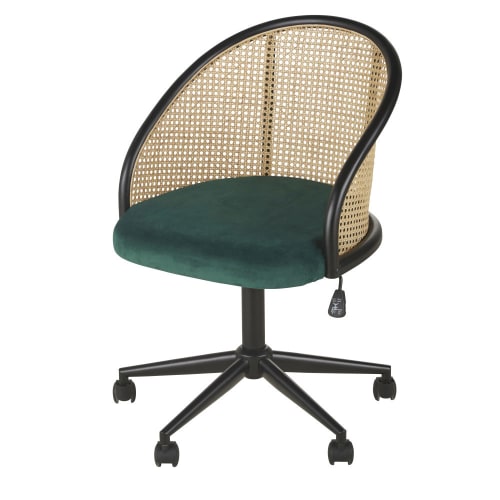 Cadeira de escritório com rodas em veludo verde e palhinha de rattan