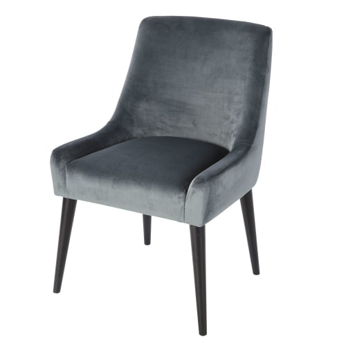 Cadeira profissional de veludo azul cinzento e madeira de bétula preta