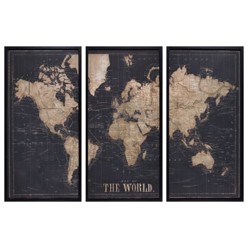 Cadre triptyque carte du monde noir 180x120
