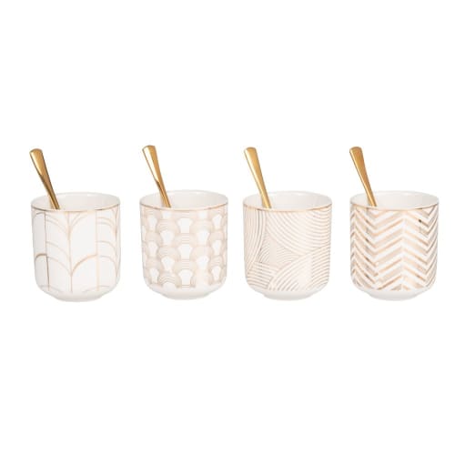 Caja taza porcelana blanca (x4), motivo gráfico, cucharas metal dorado