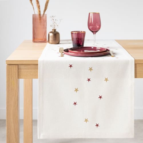Caminho de mesa com motivos de estrelas em cru, vermelho, dourado e bege 48x150