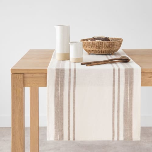Caminho de mesa em algodão branco e castanho 48x150