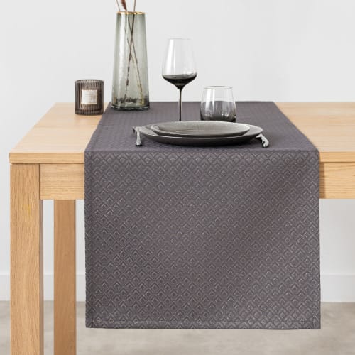Caminho de mesa em tecido jacquard cinzento-antracite e dourado 48x150