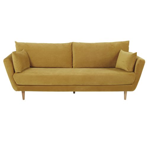 Canapé 3 Places En Velours Jaune Moutarde