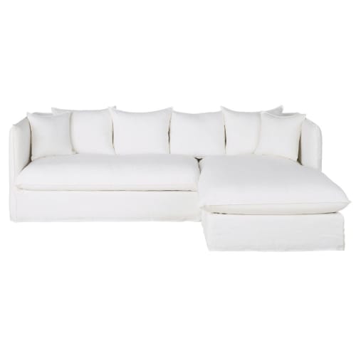 Canapé d'angle droit convertible 3/4 places en lin supérieur blanc, matelas 10 cm