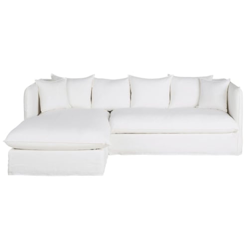 Canapé d'angle gauche convertible 3/4 places en lin froissé blanc, matelas 10 cm