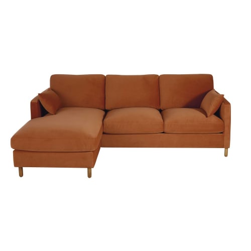 Canapé d'angle gauche convertible 5 places en velours orange, matelas 10 cm