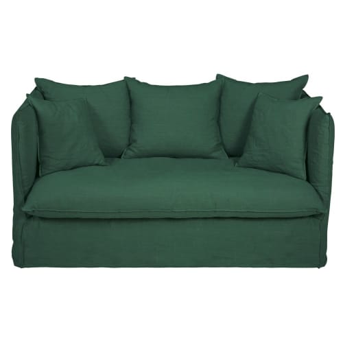 Canapé-lit 2/3 places en lin froissé vert, matelas 10 cm