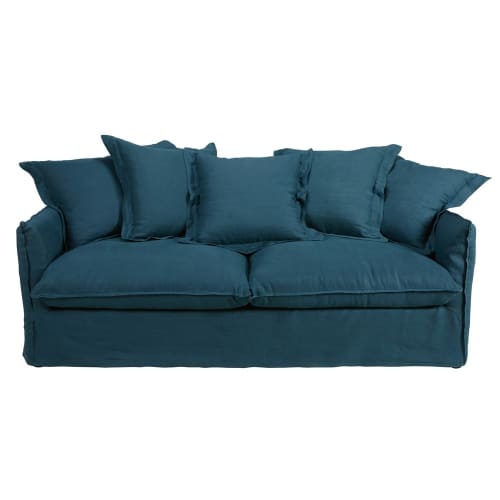 Canapés et fauteuils Canapés droits | Canapé-lit 3/4 places en lin lavé bleu pétrole - OI27944