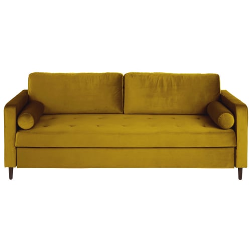 Canapé-lit 3/4 places en velours jaune