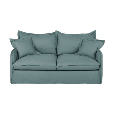 Canapé-lit 3 places en lin bleu céladon, matelas 14 cm