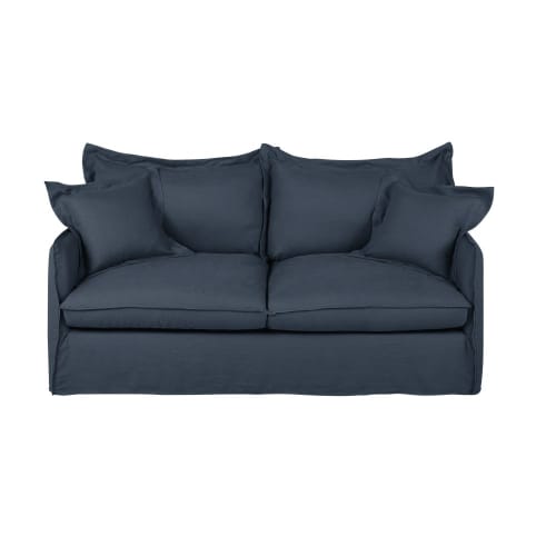 Canapé-lit 3 places en lin bleu nuit, matelas 14 cm