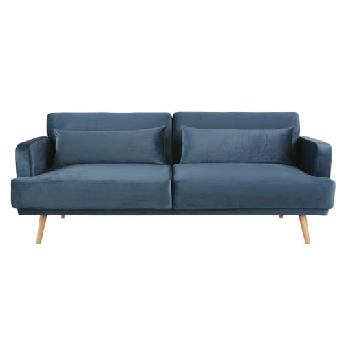 Canape Lit 3 Places En Velours Bleu Elvis Maisons Du Monde