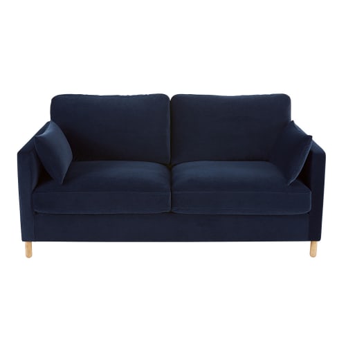 Canapé-lit 3 places en velours bleu nuit, matelas 10 cm