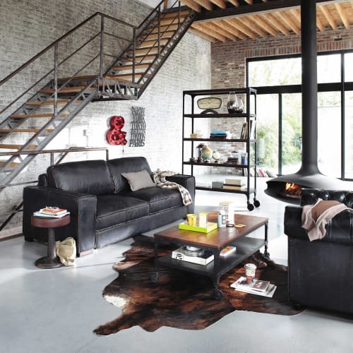 Canape Vintage 3 Places En Cuir Noir Colonel Maisons Du Monde