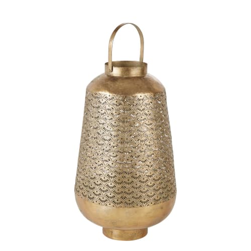 Candle lantern in gold cut-out metal H78cm