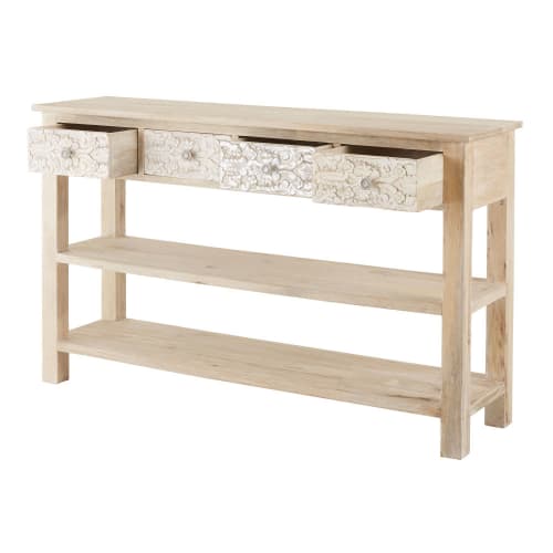 Carved Solid Mango Wood 4 Drawer, Mantis Light Natural Solid Mango Console Table