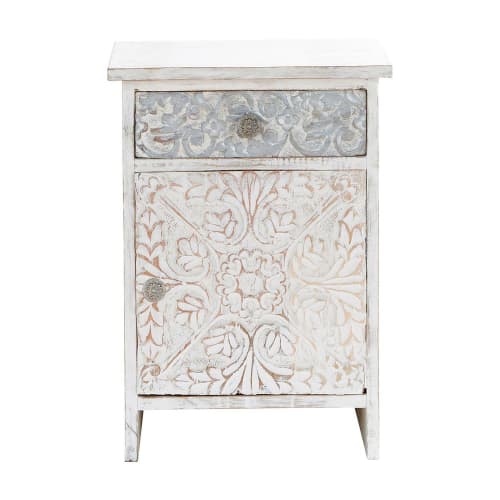 Carved solid mango wood Indian bedside table in white W 42cm
