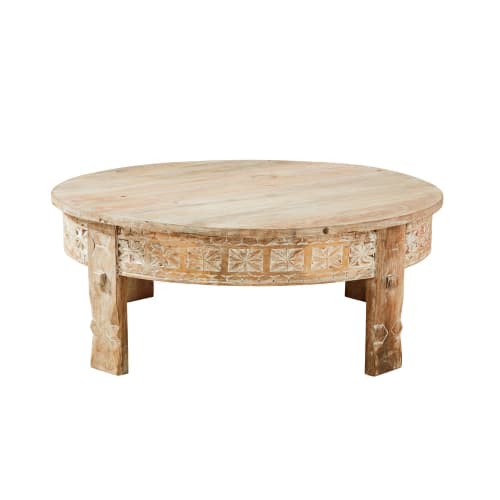 Carved Solid Mango Wood Round Coffee Table