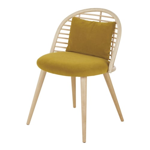 Chair in yellow ochre velvet, rattan and birch wood