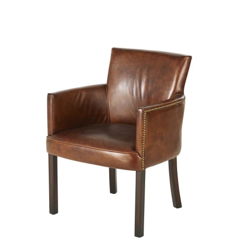 Chaise avec accoudoirs en cuir de vachette marron vieilli