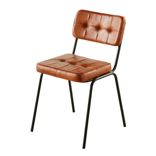 Meubles Chaises | Chaise capitonnée en cuir de buffle marron et métal noir - QA38567