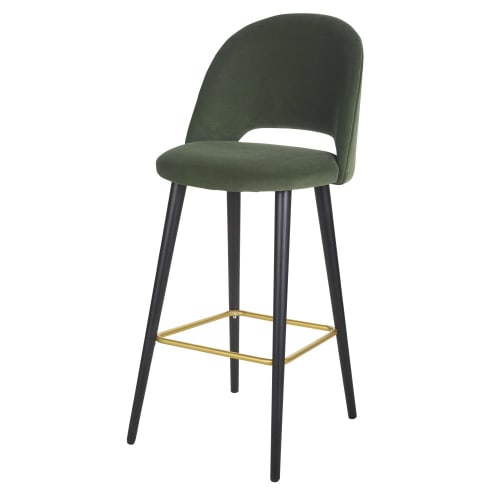 Meubles Chaises et tabourets de bar | Chaise de bar en velours vert pieds en bois de frêne massif - AT03270