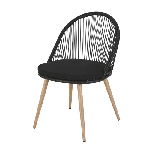 Chaise de jardin en résine tressée noire et métal imitation bois