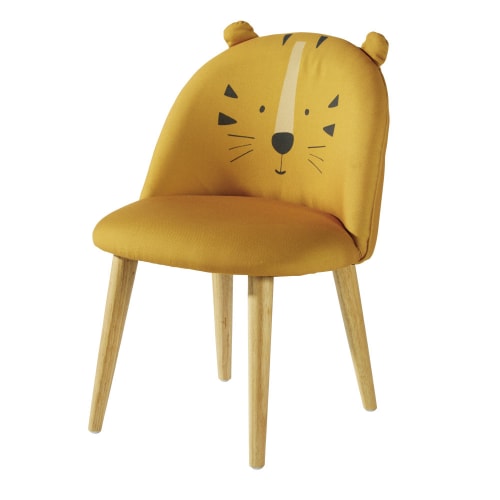 Chaise enfant jaune moutarde motif tête de tigre et bouleau massif