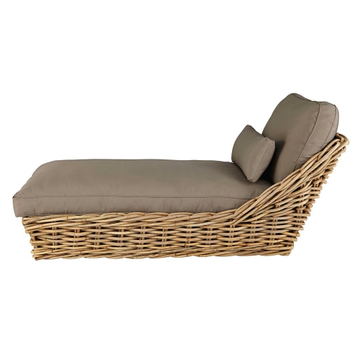 Chaise longue de jardín de mimbre y cojines marrones St Sofá redondo de jardín de mimbre y cojines marrones St