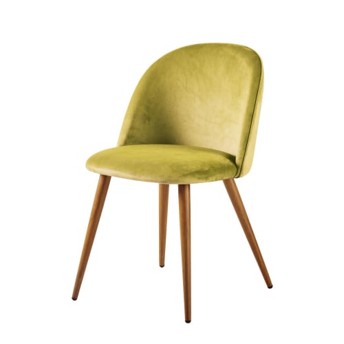 Chaise vintage en velours jaune safran et métal imitation chêne