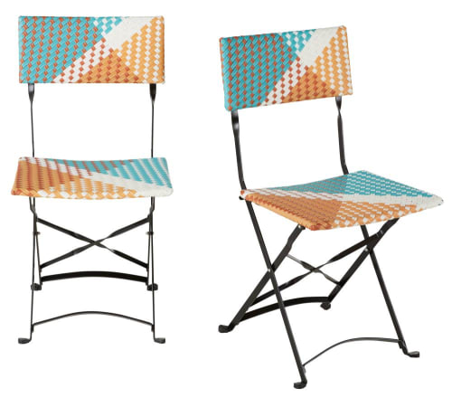 Chaises de jardin professionnelles en résine tressée bleue, blanche et orange (x2)
