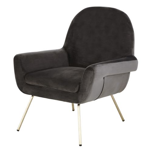Charcoal Grey Velvet and Brass Metal Armchair Judith Maisons du Monde