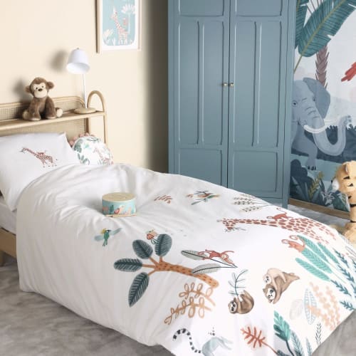 Children's cotton bedding set with white and multicoloured animal print  140x200cm | Maisons du Monde