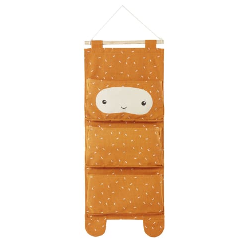 Kids Children's storage boxes and baskets | Children's wall organiser with 3 pockets in orange and beige printed cotton - ST29469