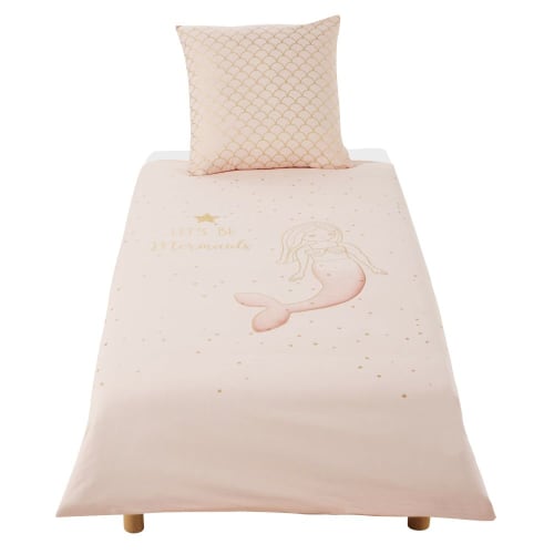 Children S White Gold And Pink Cotton Print Bedding Set 140x200 Mermaid Maisons Du Monde