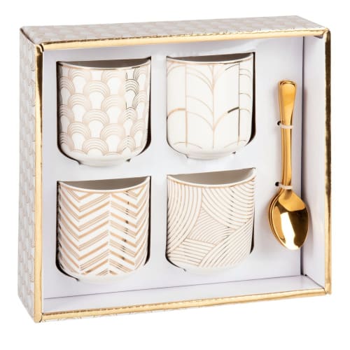 Art de la table Bols, tasses et mugs | Coffret tasses en porcelaine blanche motifs graphiques (x4) et cuillères en métal doré - KF34555