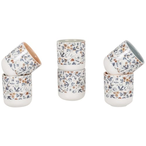 Art de la table Bols, tasses et mugs | Coffret tasses (x6) en grès blanc, bleu et beige motif floral - HC14905