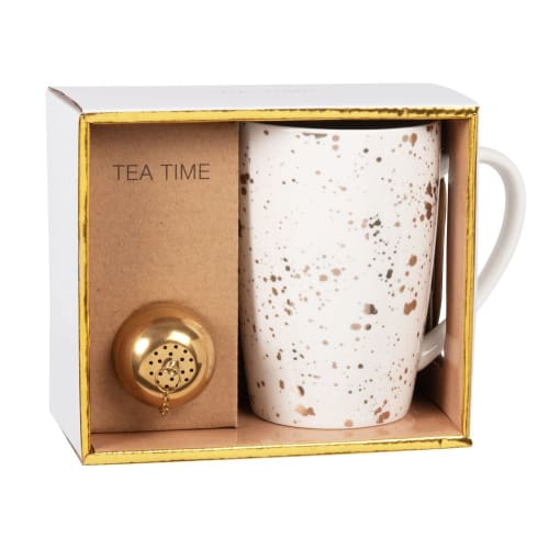 Coffret tisanière en grès blanc à taches dorées et métal | Maisons du Monde