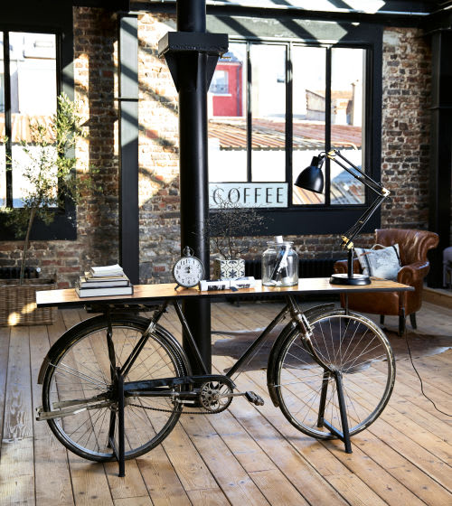 Console bicyclette indus en manguier et métal noir