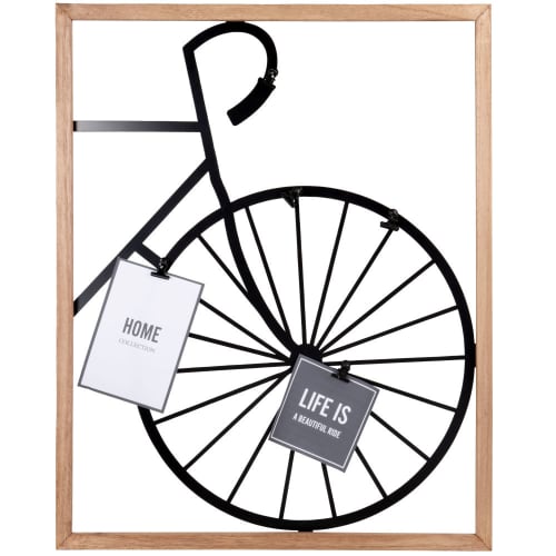Cornice multipla in filo di metallo nero e legno di hevea con ruota di bicicletta